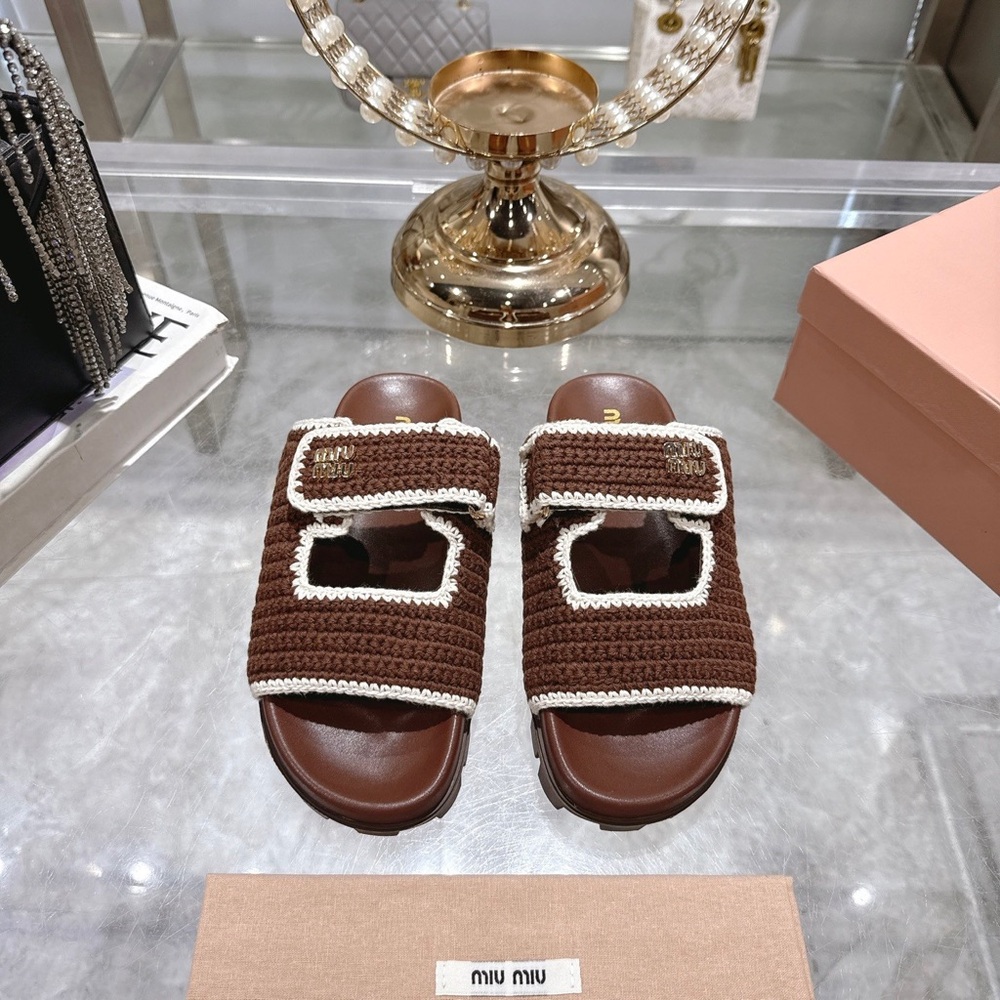 Miu Miu Brown Crochet Platform Slide Sandals - Picture 3 of 8